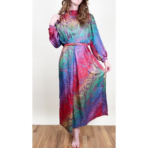 Vintage 100% Silk 70s Evening Gown Maxi Dress Formal Goddess Draped Floral Fancy - Picture 2 of 7